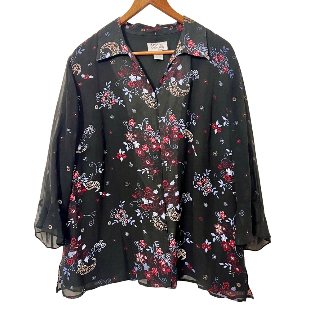 Style&Co Collection Woman Black Floral Paisley Silk Bell Sleeve Blouse Top 20W